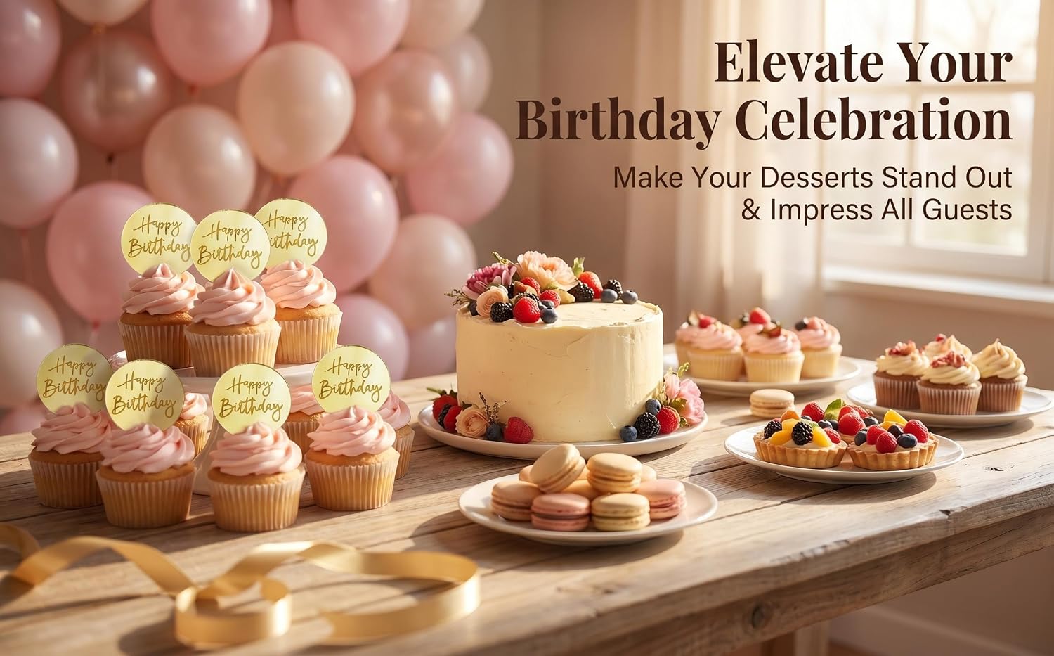 24 Pcs Gold Mirror Acrylic Happy Birthday Cake Toppers