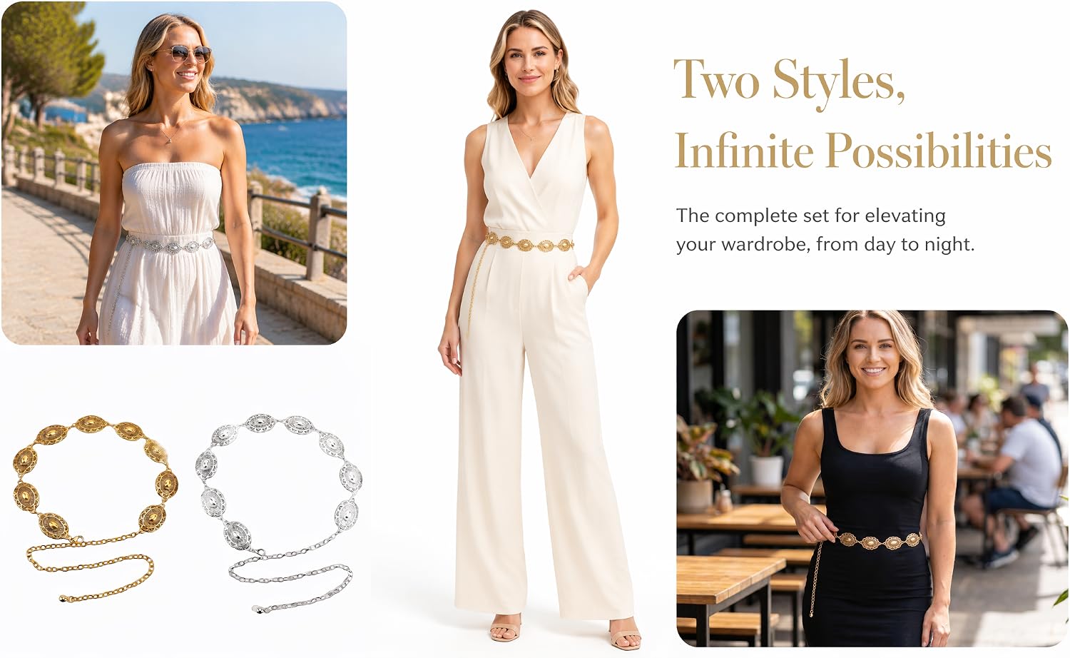 Adjustable golden chain belts in a pair set