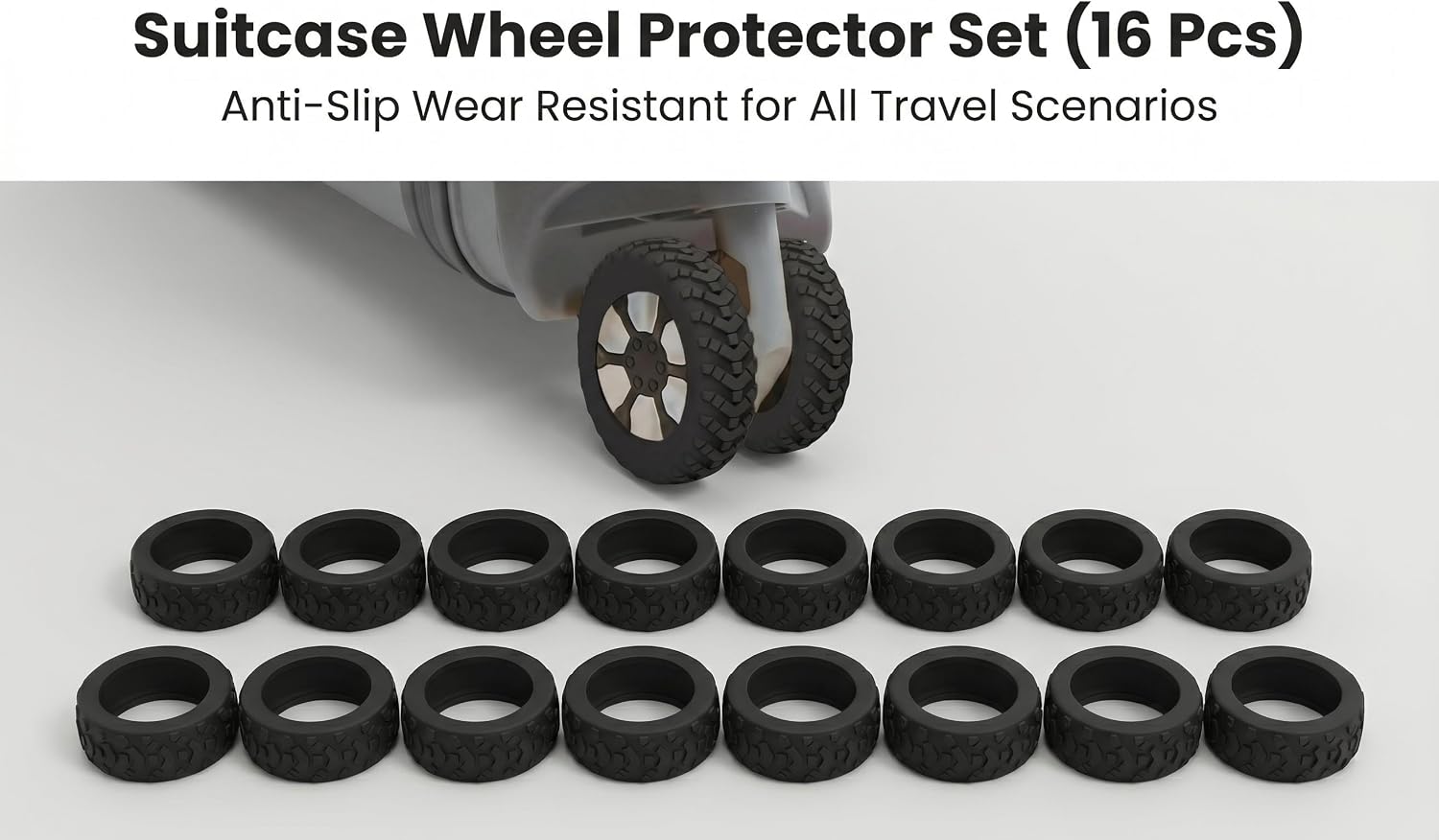 Comes with 16 luggage wheel protectors, enough for multiple suitcases or replacement needs