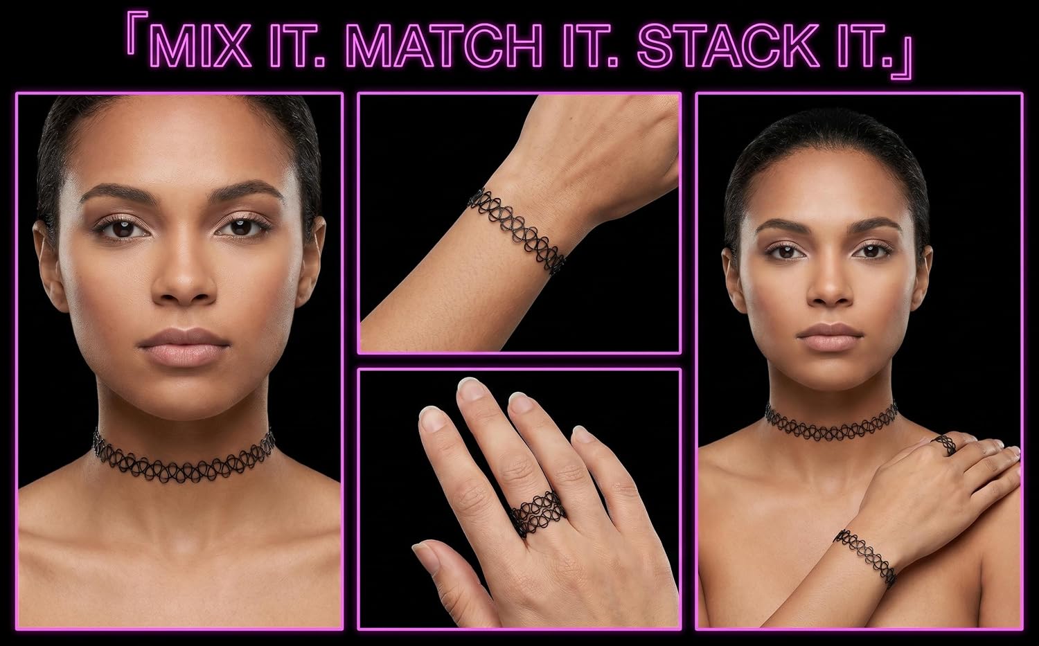 3 pcs Tattoo Choker Necklace Bracelet Ring Set