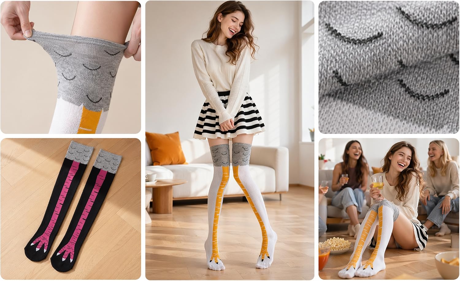 These quirky chicken thigh-high socks showcase all core selling angles in one frame