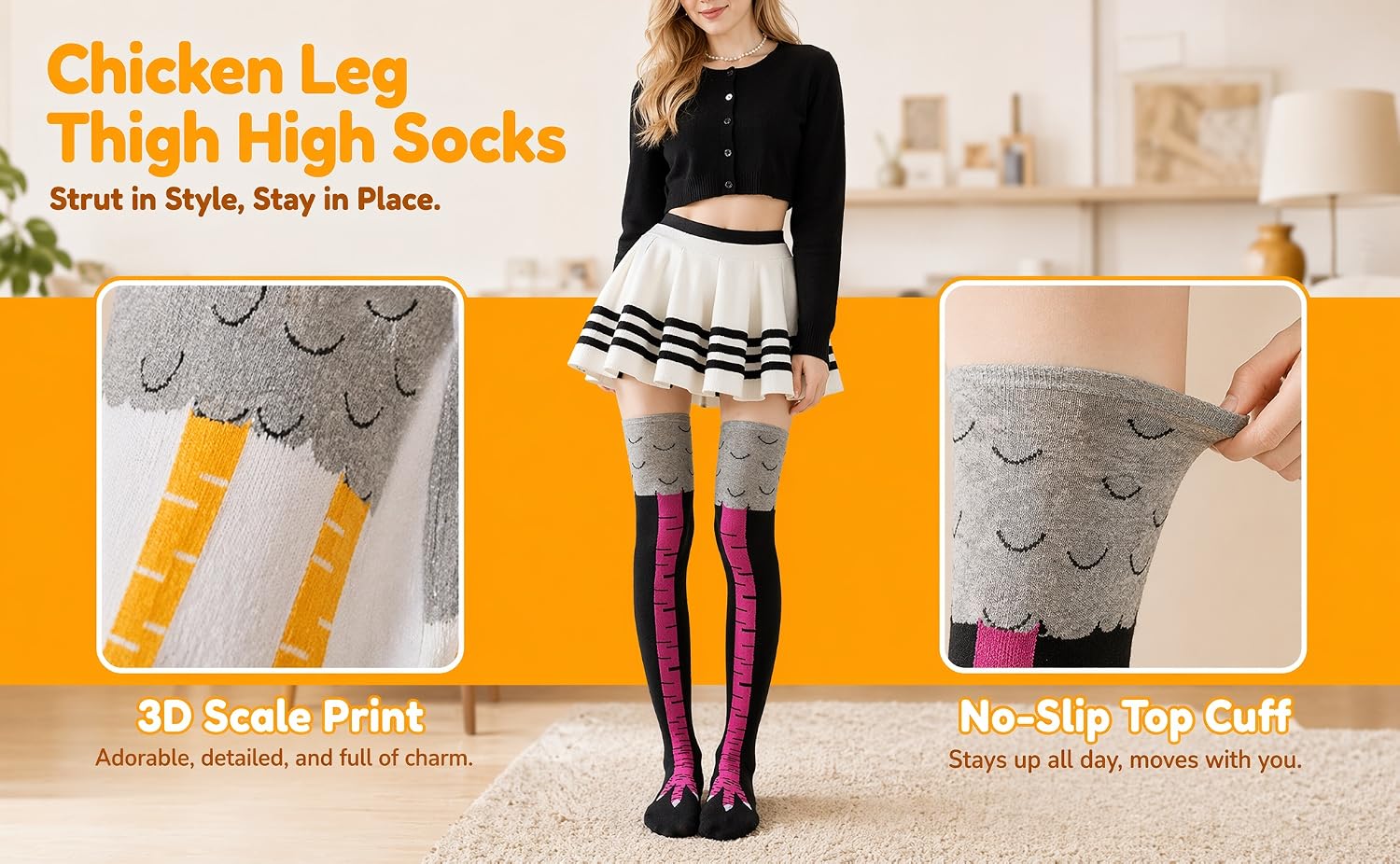 Highlighting two standout functional features of our chicken leg thigh highs
