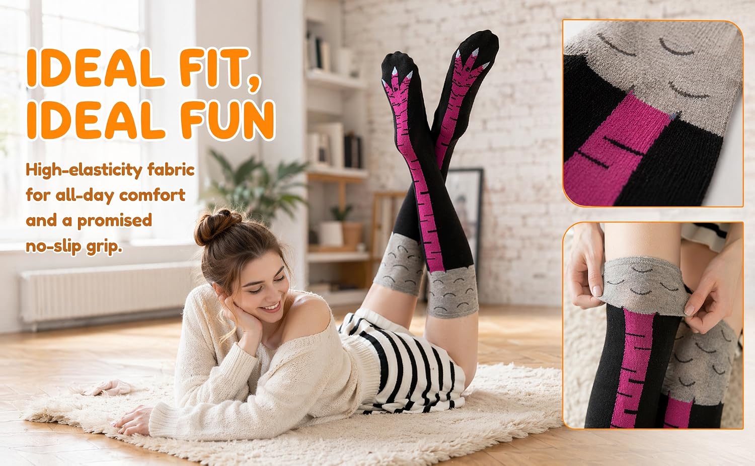 Showcasing our bold black turkey leg thigh-high socks worn in relaxed at-home styling