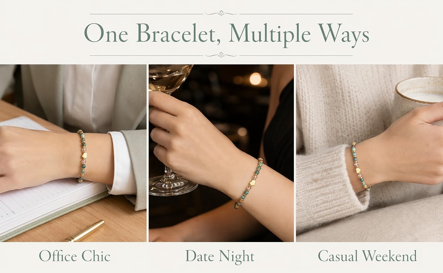  demonstrating how this earth-tone beaded bracelet matches three mainstream daily outfits