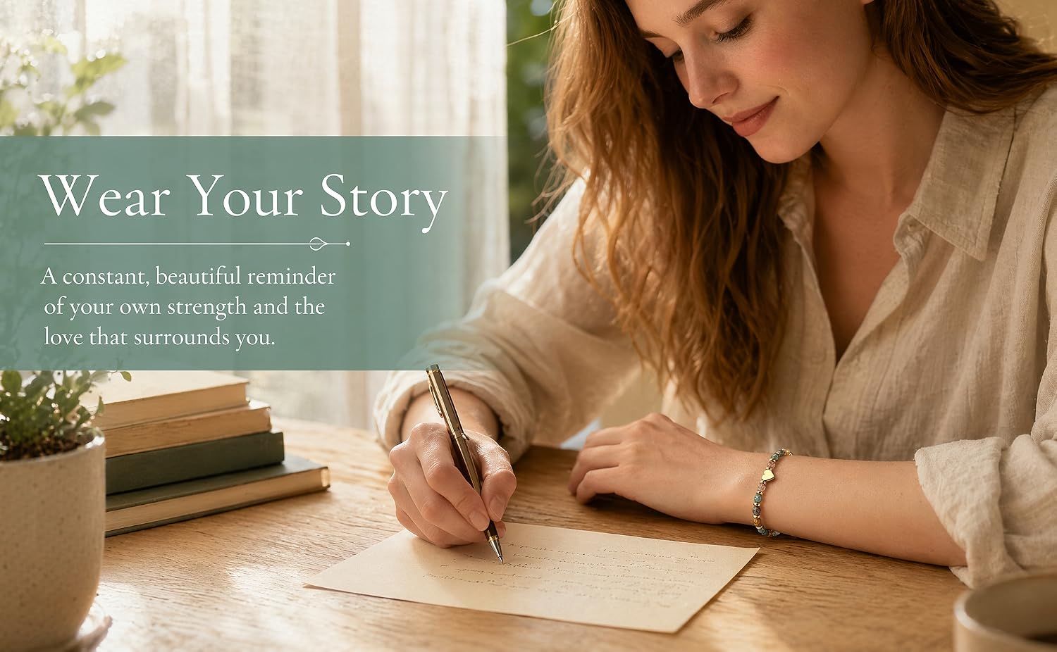 Soft natural light lifestyle hero shot with the slogan "Wear Your Story"