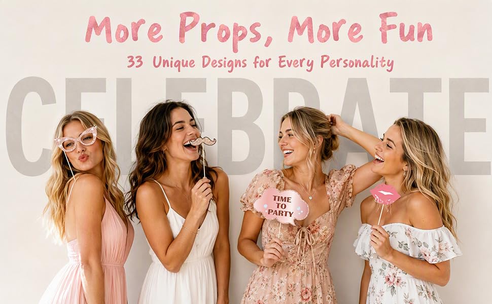 33 Pcs Rose Gold Glitter Birthday Photo Booth Props