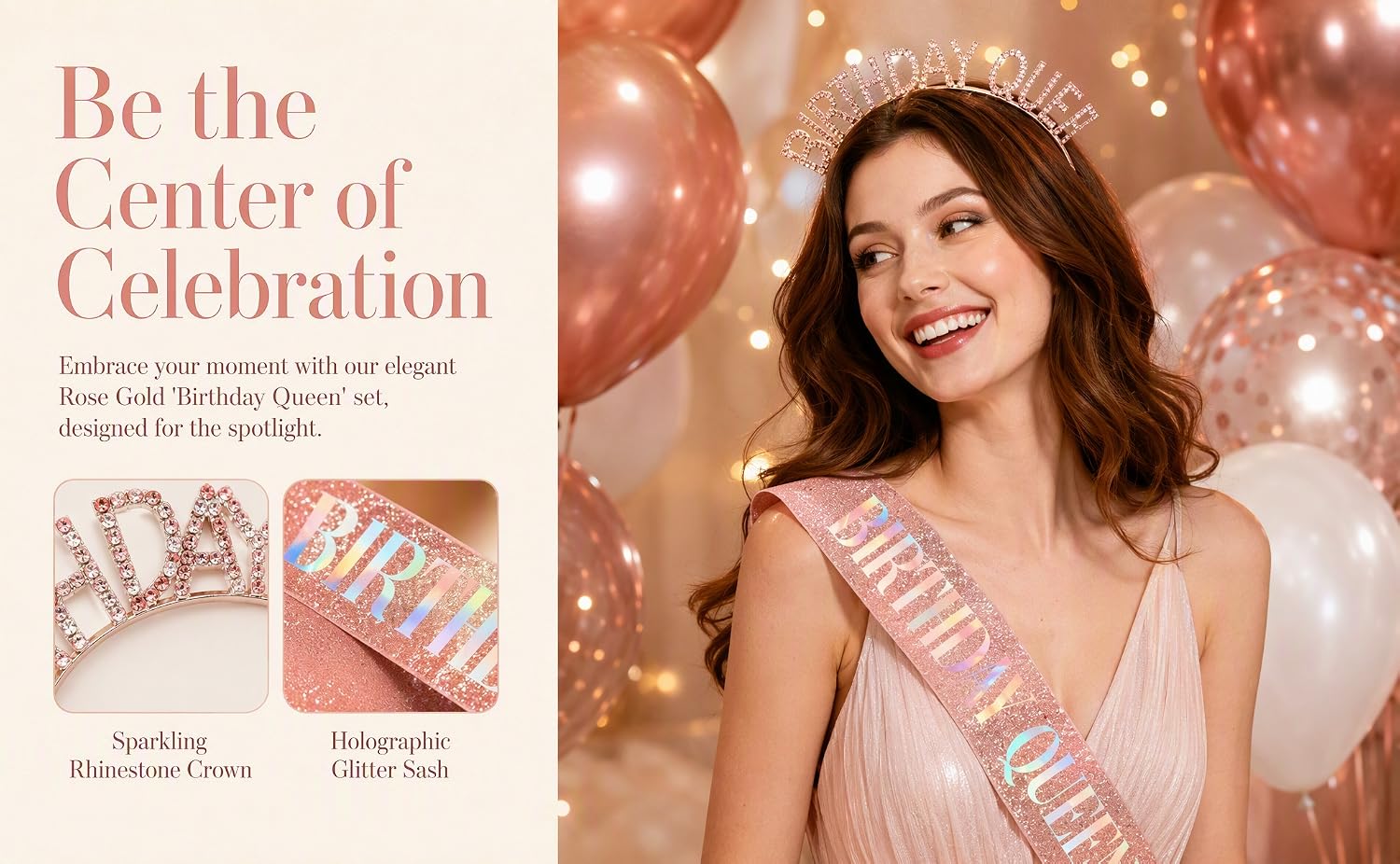 Rose Gold Birthday Queen Sash &amp; Tiara Set for Women