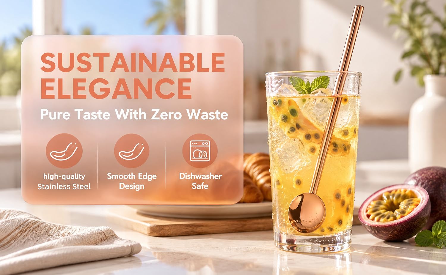 Reusable Stainless Steel Spoon Straws, Set of 5 with Cleaning Brush
