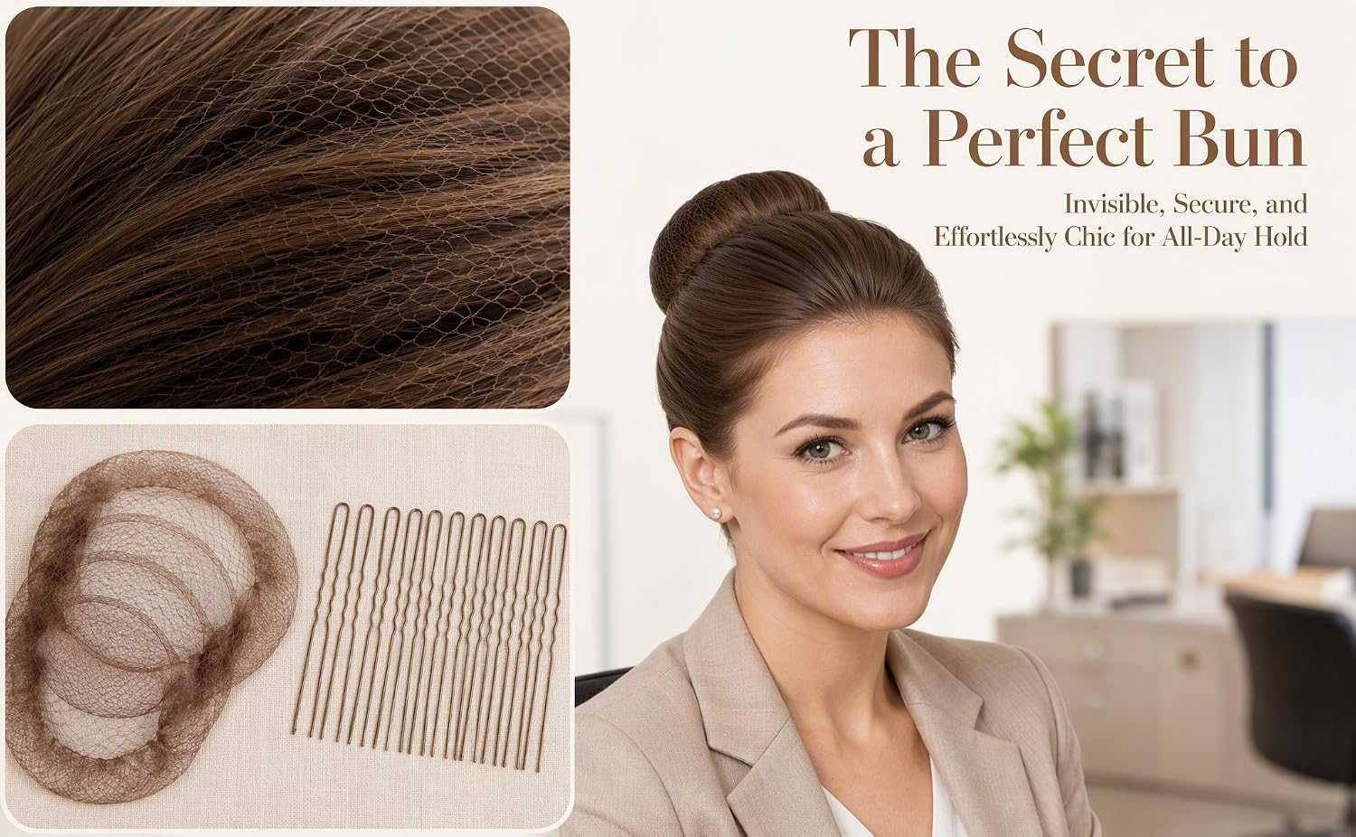 Brown invisible hair net with 20 buns and 50 U-shaped clips