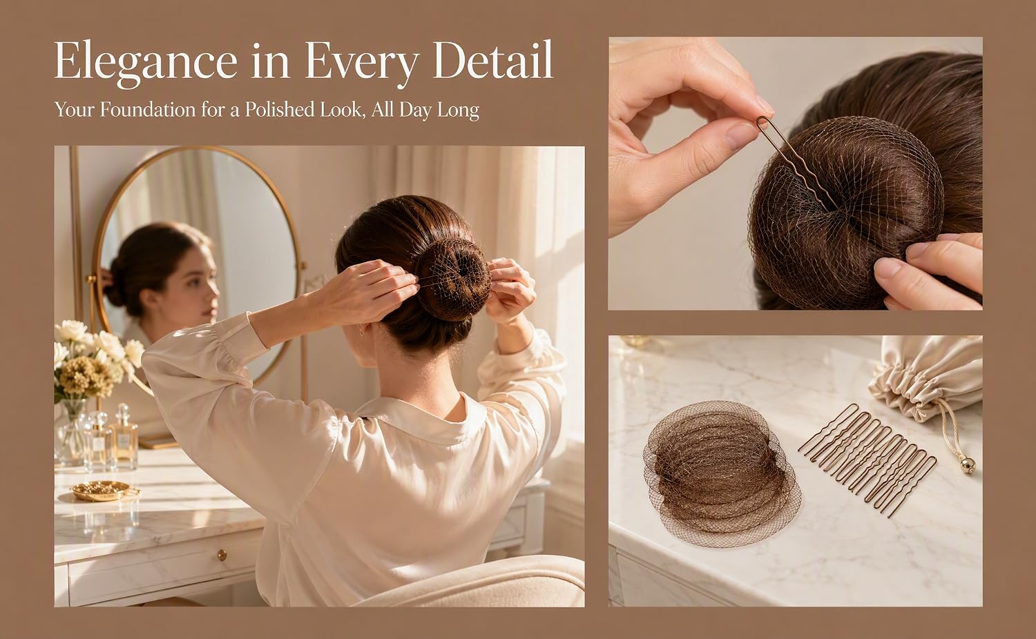 Brown invisible hair net with 20 buns and 50 U-shaped clips