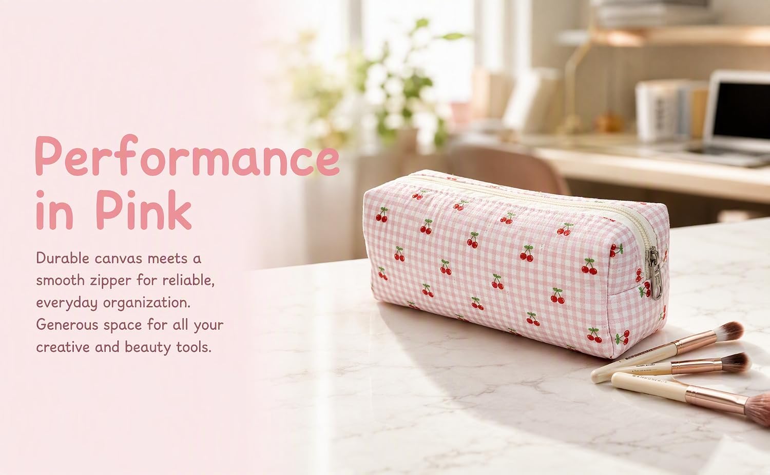 Fabric Checkered Cherry Storage Bag, Makeup Pouch, 1 Piece