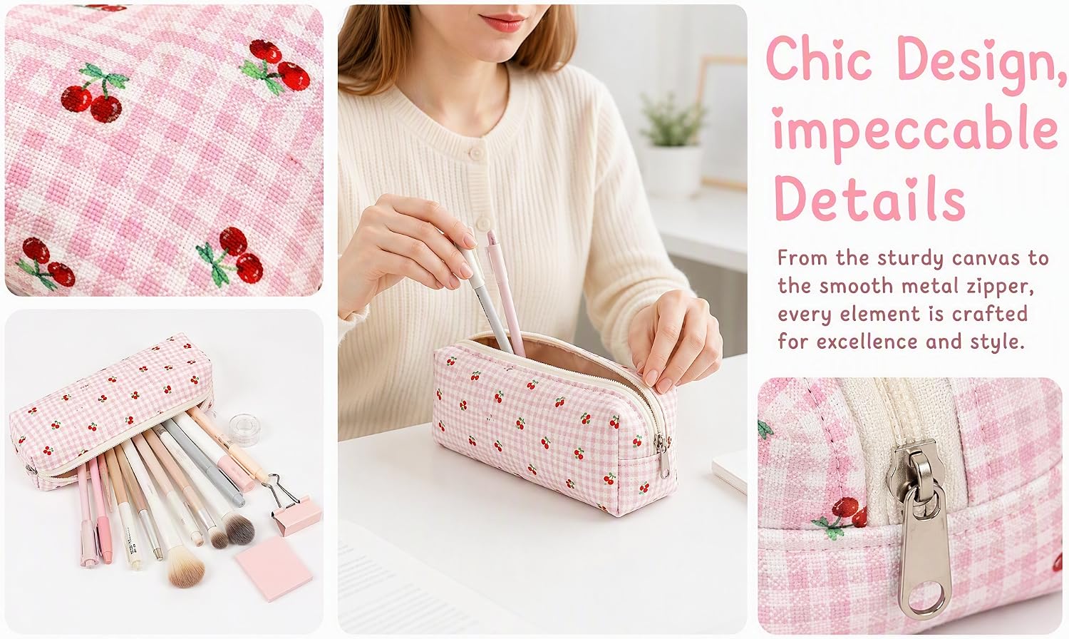 Fabric Checkered Cherry Storage Bag, Makeup Pouch, 1 Piece