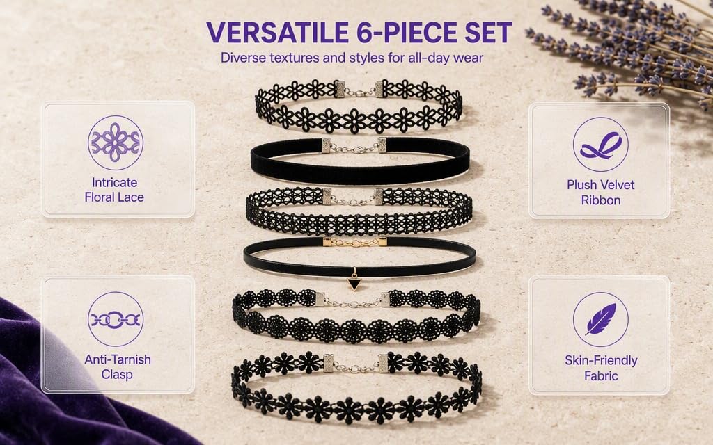 6 pieces of black collar necklaces for women