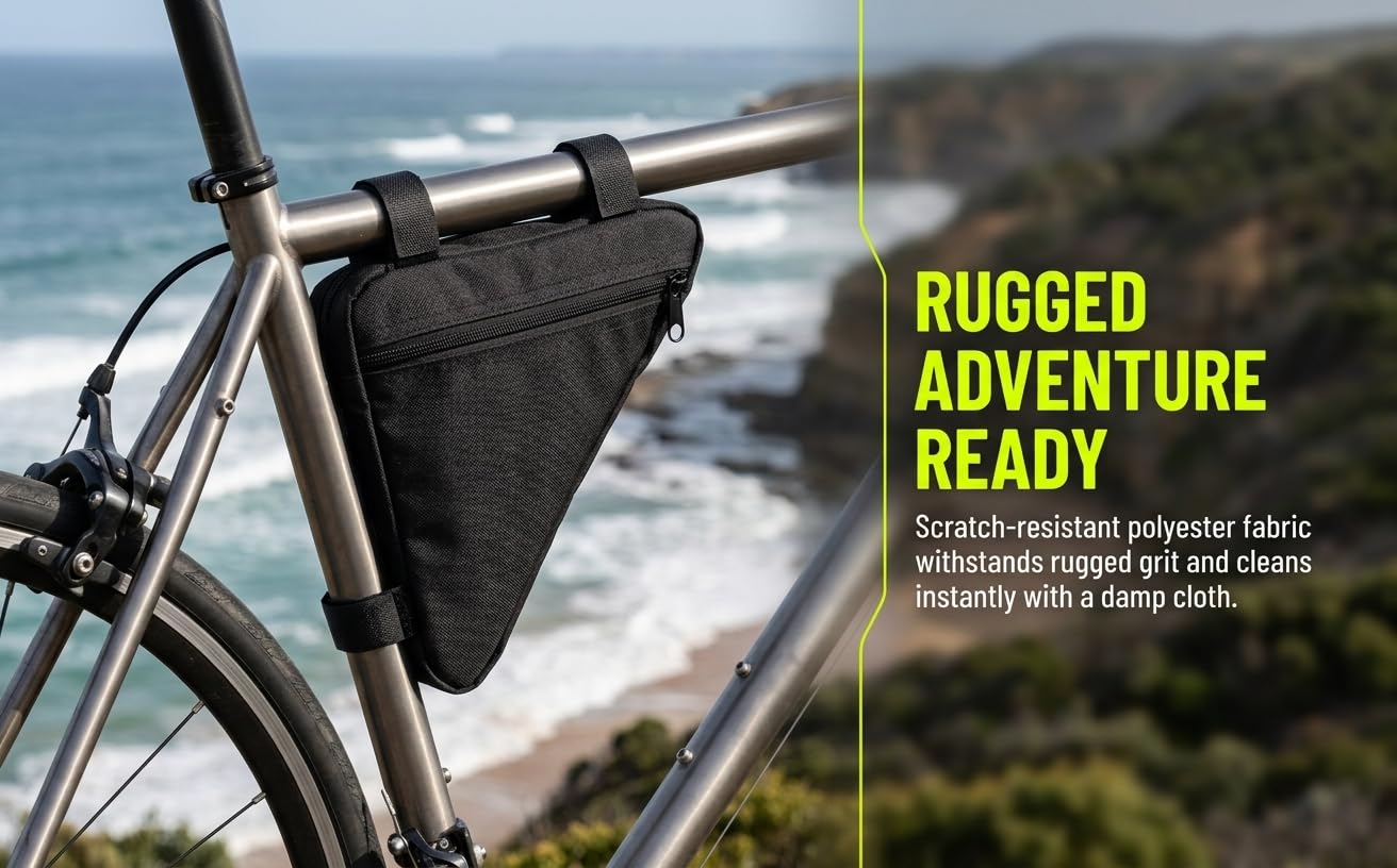 A black bicycle front frame triangular storage bag